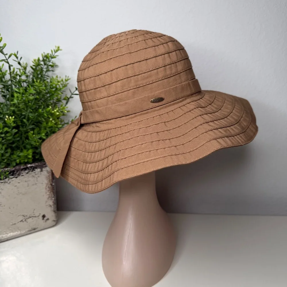 Scala Sun Hat Womens Tan Wide Brim Bow‎ Ribbed Packable Coastal OS